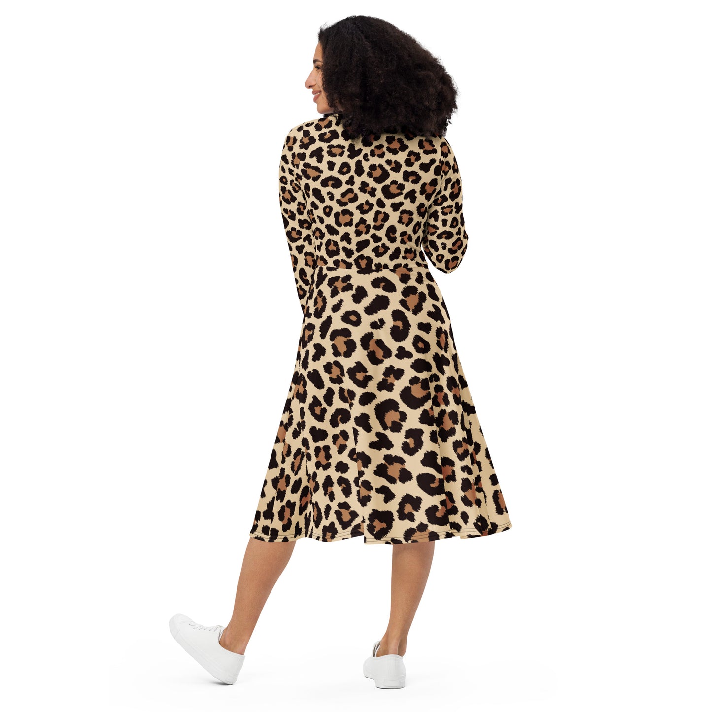 Leopar Chic Feline Women's Long Sleeve Midi Dress - FLAKOUT