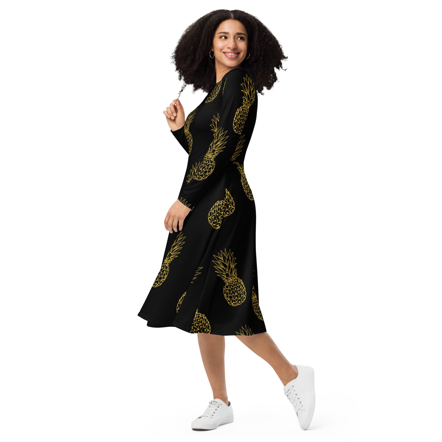 Pineapple Bliss Women's Long Sleeve Midi Dress - FLAKOUT